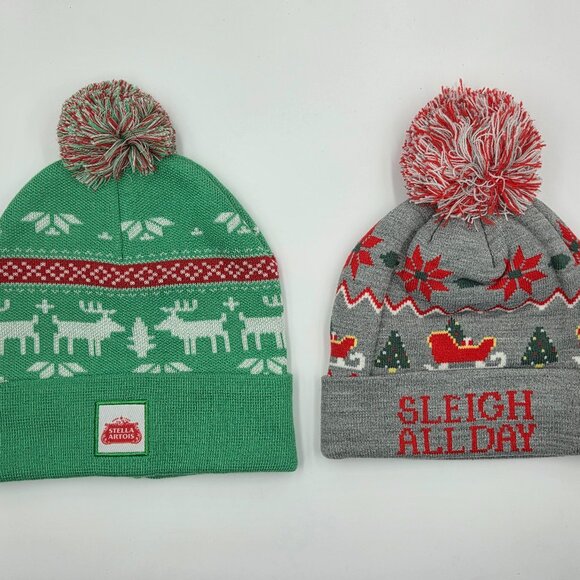 ⛷️Lot of 2 Winter Pom-Pom Beanies Stella Artois & “Sleigh All Day” - Picture 1 of 16